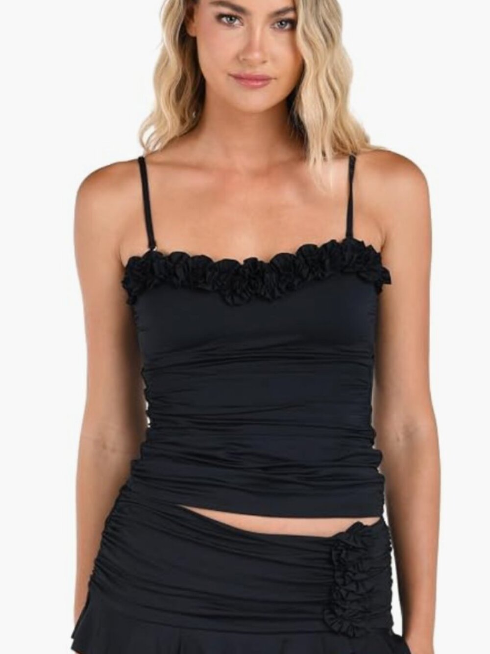La Blanca Women's Ruffled Bandeau Tankini Swimsuit Top Black Size 8 11804